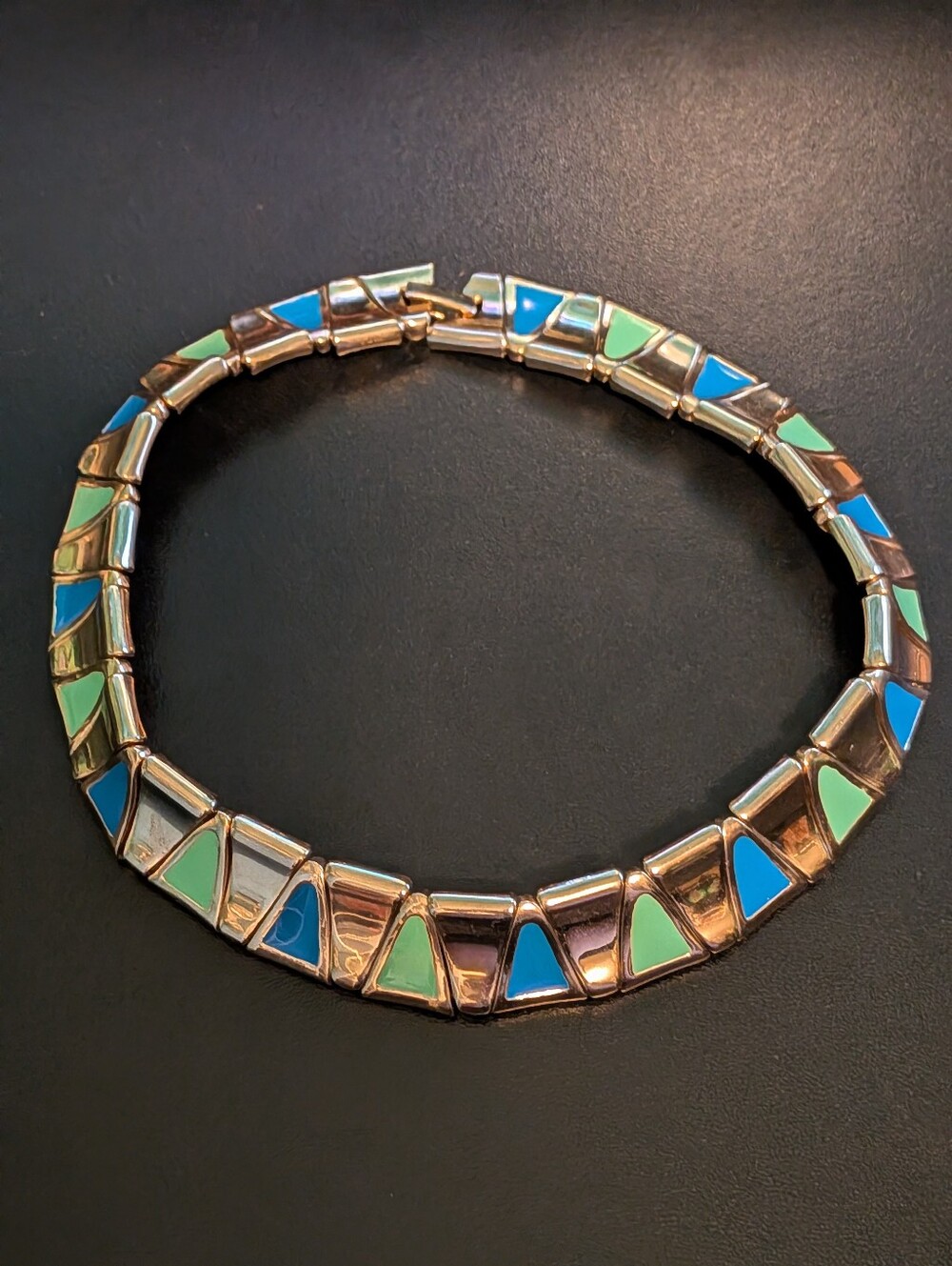 Vintage Gold Tone Geometric Enamel Collar Necklace Blue Green Choker 15"